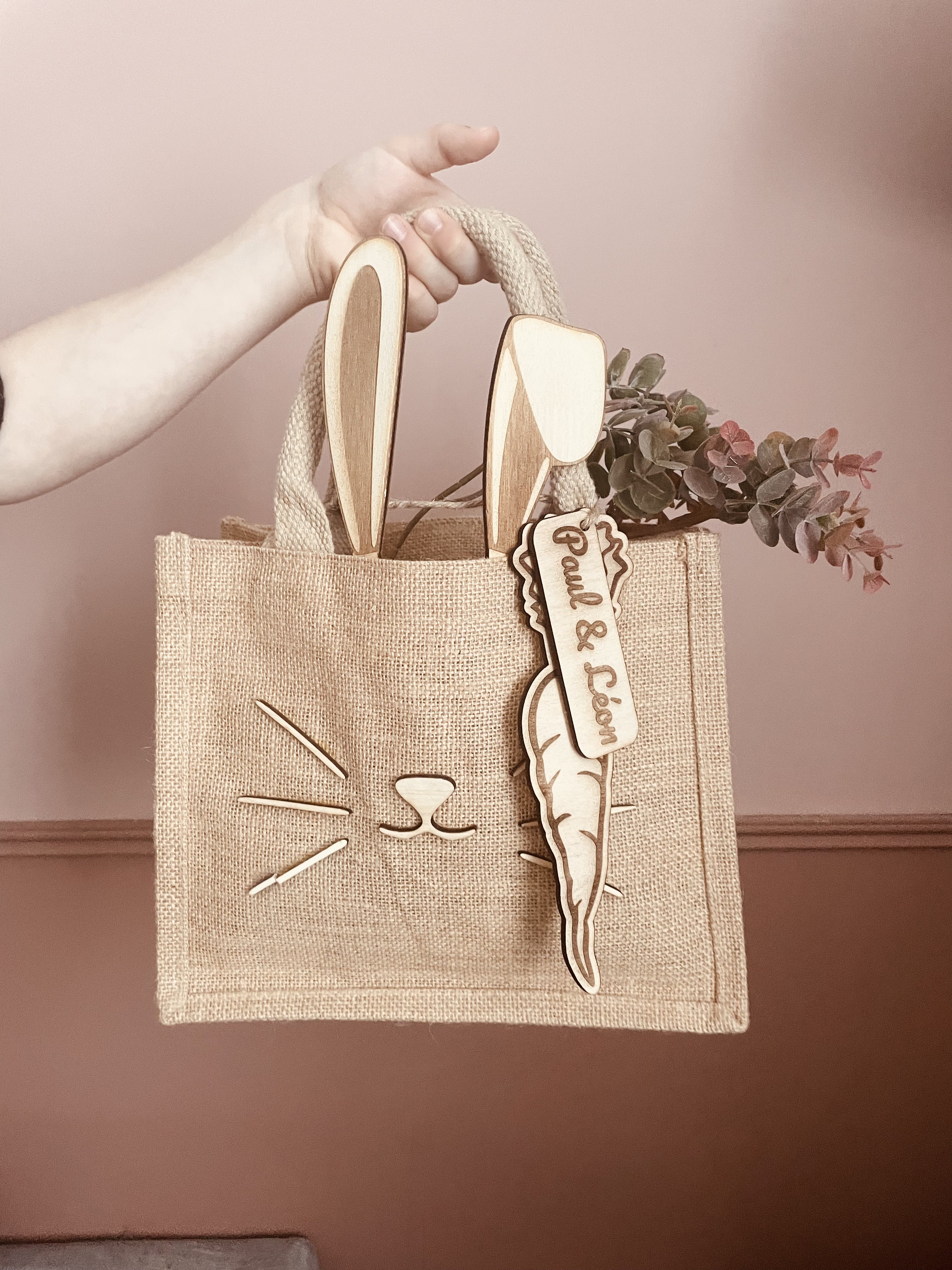 L'attrape Coeur sac jute lapin de pâques personnalisée – l