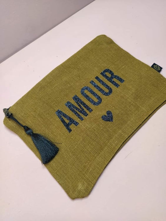 POCHETTE EN LIN OLIVE - PERSONNALISABLE